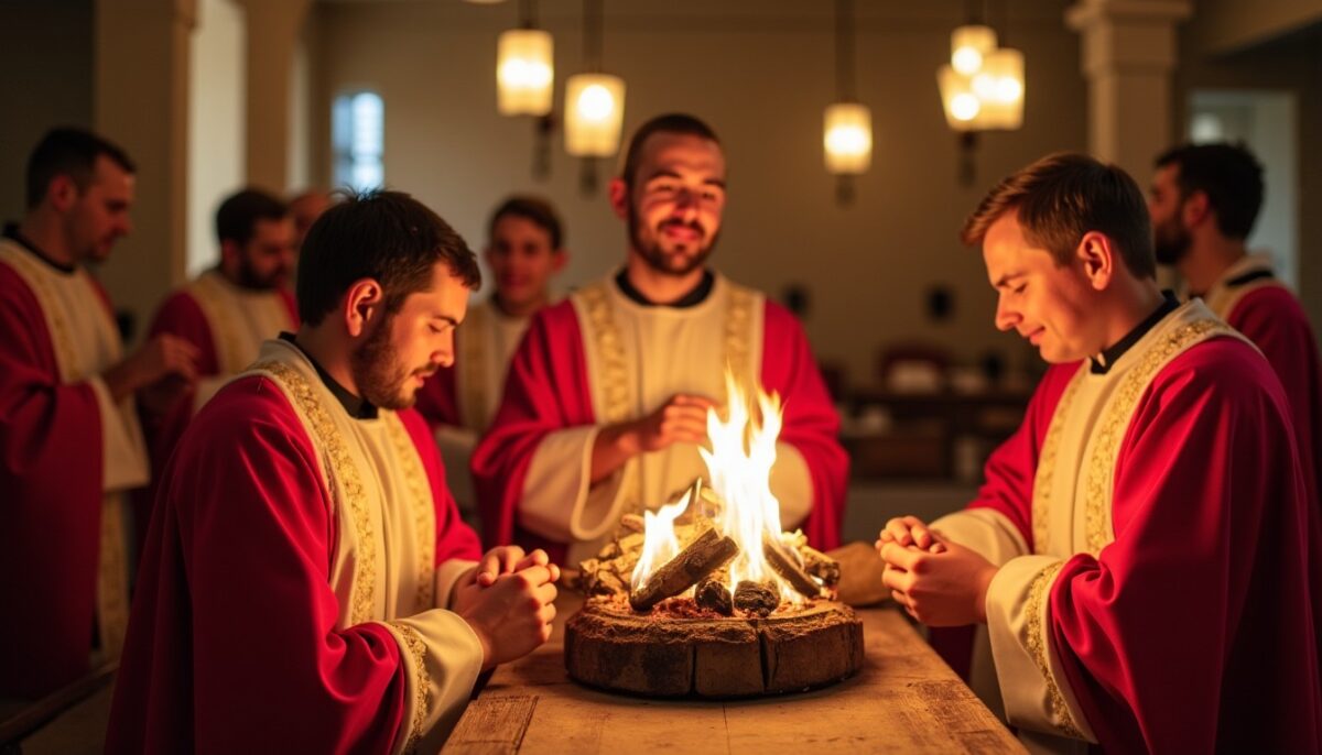 Vêtements liturgiques pour la Pentecôte : Symbolisme du feu sacré et des dons du Saint-Esprit